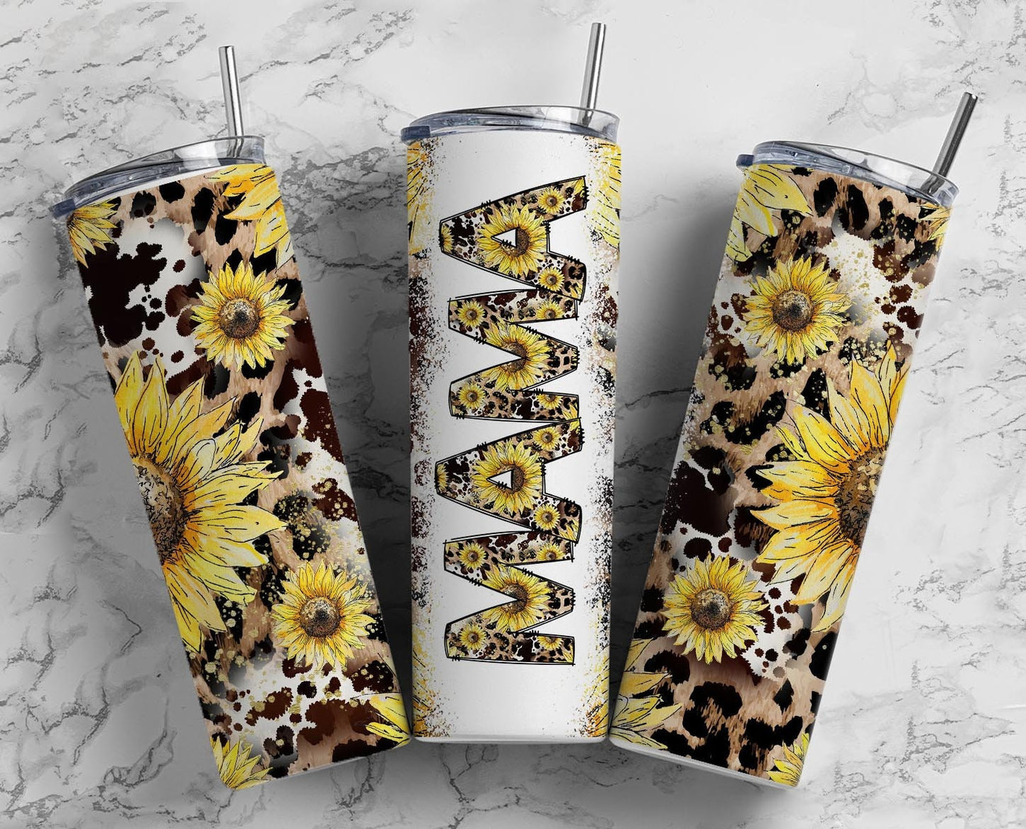 Cow Hide Leopard Sunflowers Mama Seamless 20 oz Tumbler