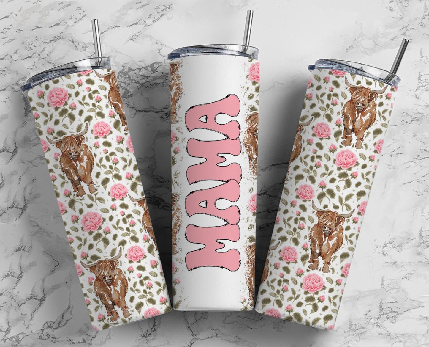Pink Highland Cow Retro Mama 20 oz Tumbler