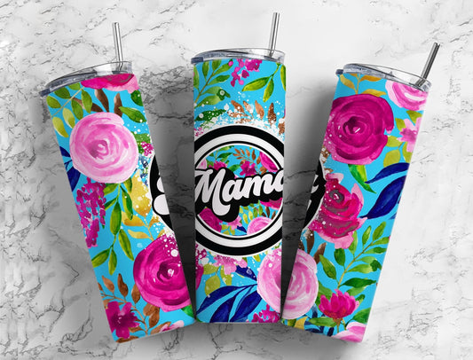 Mama Floral Pink and Turquoise Flower 20 oz Tumbler